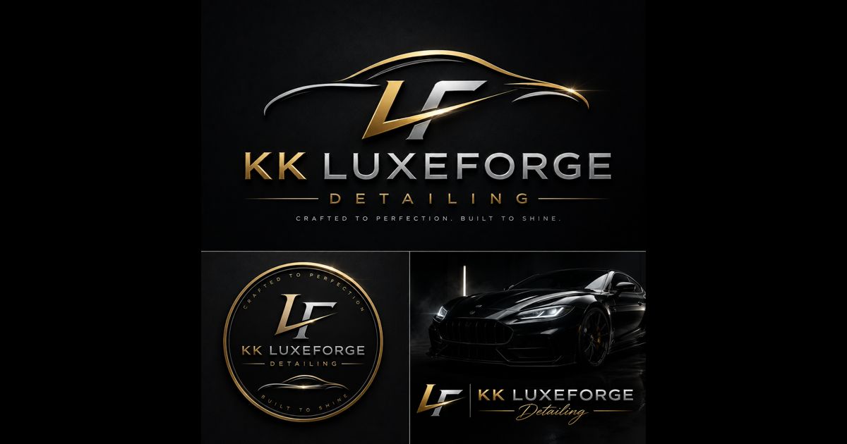 KK LuxeForge Detailing brand board with LF monogram badge