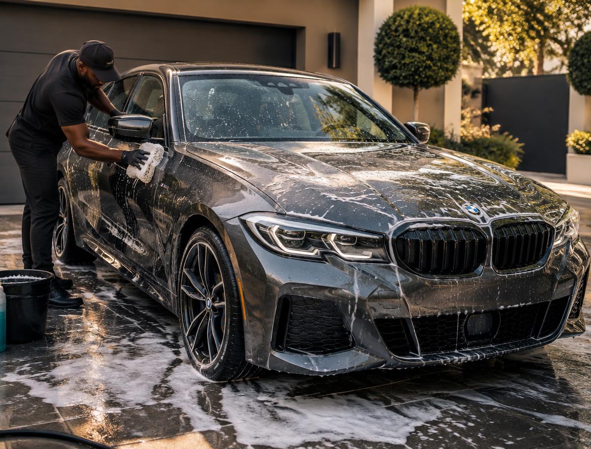Black luxury sedan receiving the Express Shine hand wash